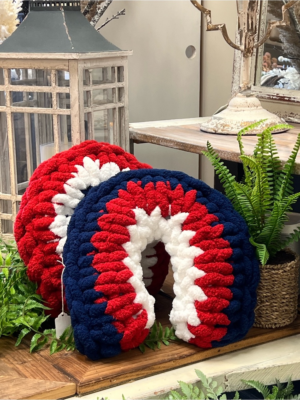 Chunky Crochet U-Shaped Neck Pillow in Red, White & Navy